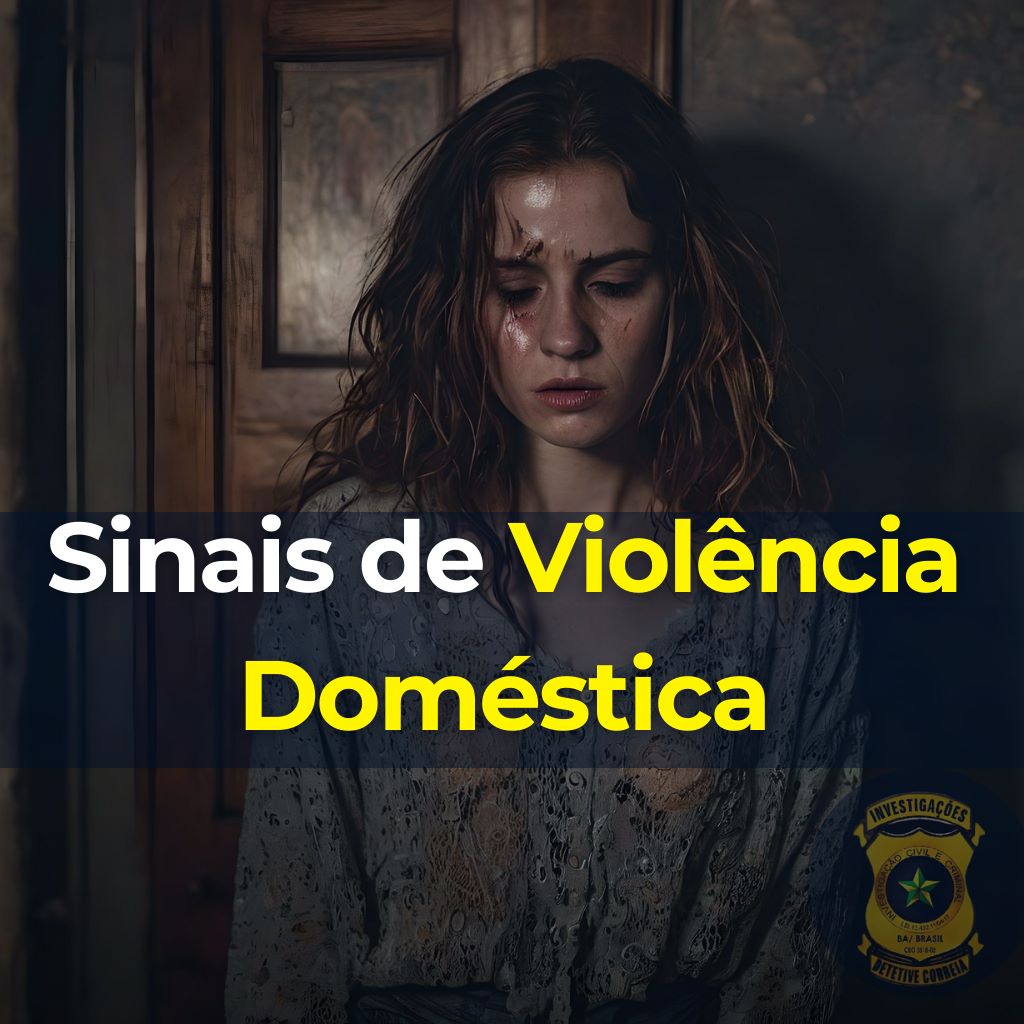 Mulher com expressão triste e marcas no rosto em um ambiente sombrio, representando sinais de violência doméstica.