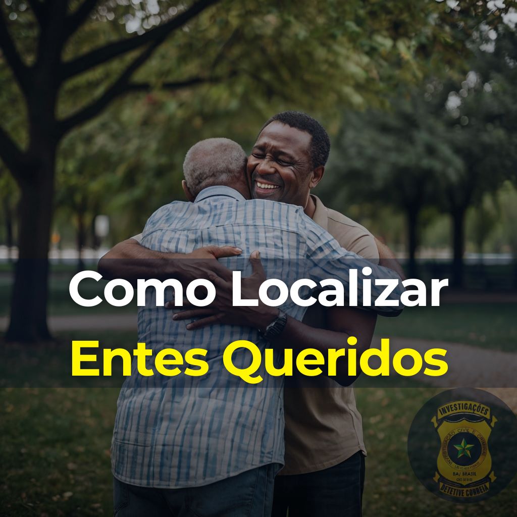 Homem sorridente abraçando um idoso em um parque arborizado, representando o reencontro emocional entre entes queridos, com texto 'Como Localizar Entes Queridos' em destaque.